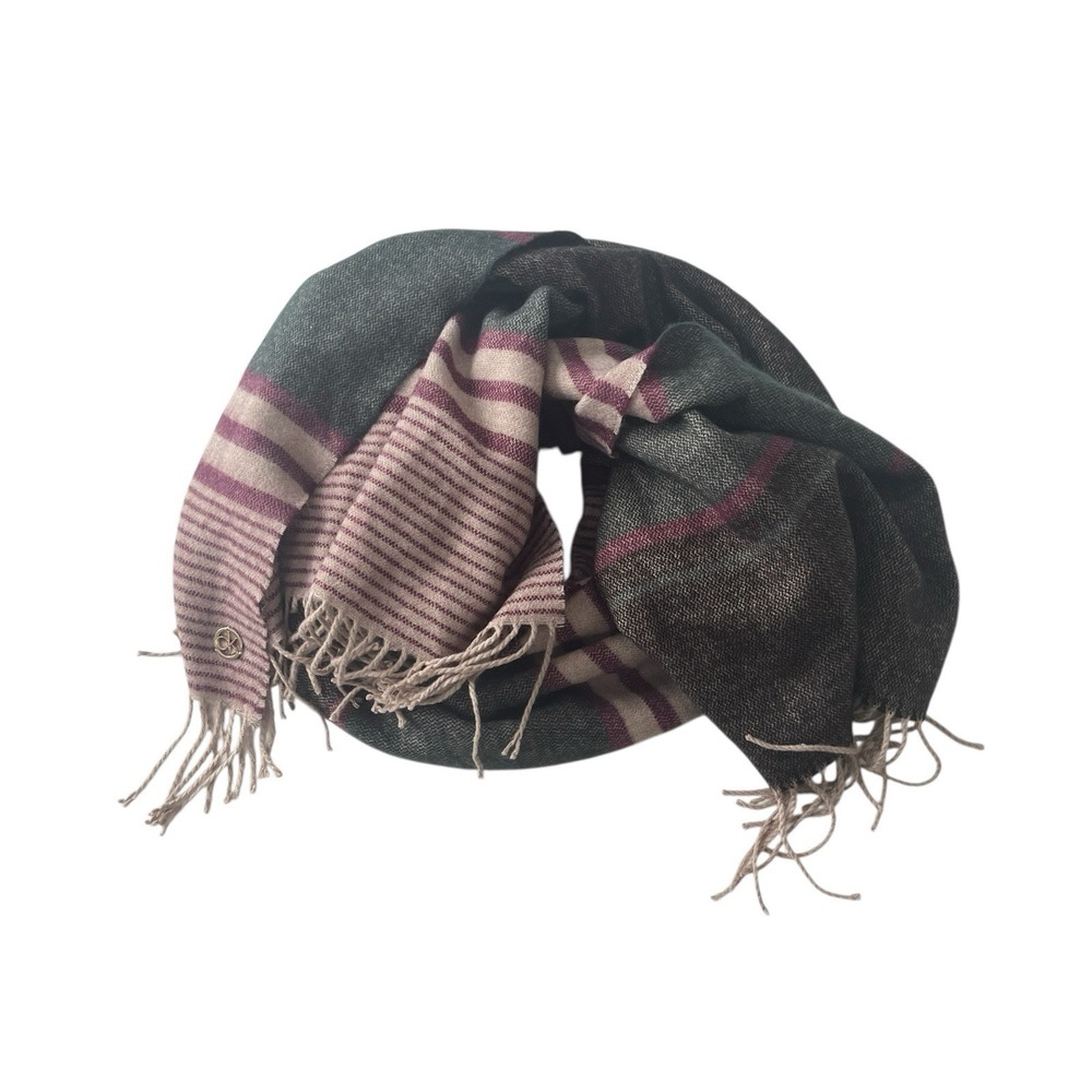 Calvin Klein Women's Blanket Scarf Purple Green White Stripe Fringe Winter Fall